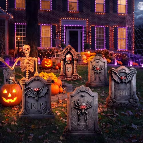 Halloween Tombstones Yard Signs with Stakes - 5 Pack, Glow-in-Dark Eyes, Realistic Haunted Cemetery Decor
