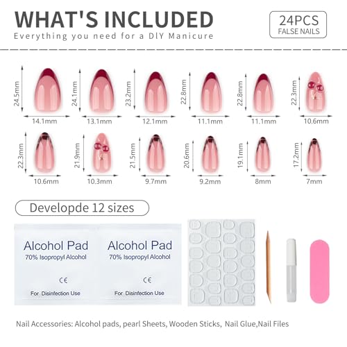 Mivota Medium Almond Press On Nails - French Cherry Variation, 3D Cherry & Gold Design, Red Tips & Leopard, 24PCS