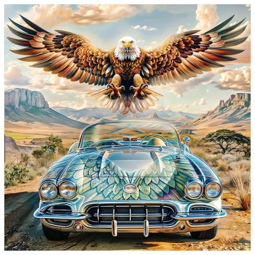 Diamond Painting Kit with Eagle and Car Design - 12x12 Inches, Full Craft Set