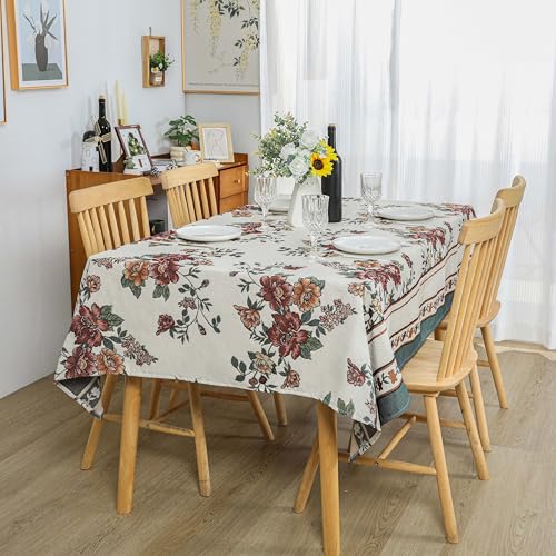 Dimatic Cotton Linen Rectangular Tablecloth with Botanical Elements - Red 55 x 94 Inches (Flower Variation)