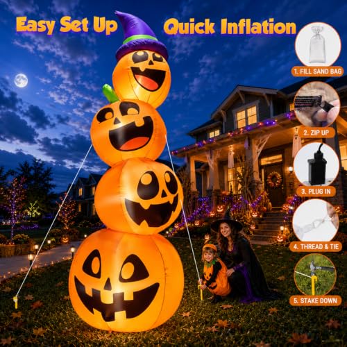 Giant 12FT Halloween Inflatable Pumpkin Stack with LED Faces & Witch Hat - Outdoor Yard Decor