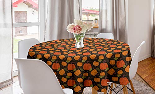 Autumn Pumpkin Round Tablecloth - Halloween Fruit & Leaves Pattern, 60 Inch, Orange Black - Seasonal Kitchen Decor