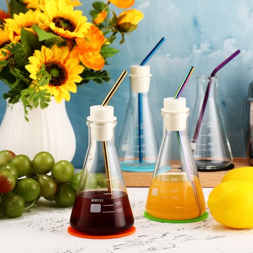 Lab Flask Glasses 6-Piece Set with Stainless Steel Straws & Coasters - 8.5 Oz