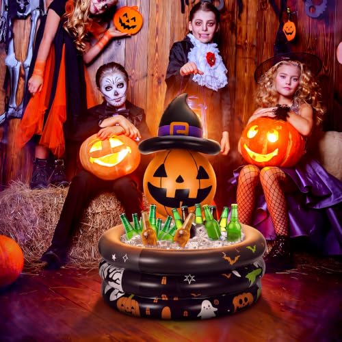 Bright Color Pumpkin with Witch Hat Inflatable Cooler for Halloween Party - Reusable Floating Ice Chest
