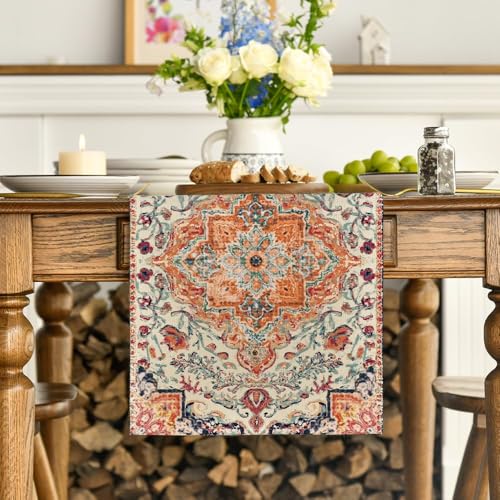 Orange Boho Table Runner 13x72 Inch Farmhouse Rustic Fall Kitchen Decor