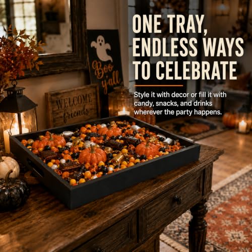Bamboo Halloween Wooden Serving Tray with Handles 17x12 inches - Fall Decor