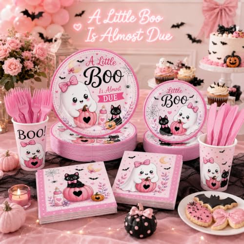 Halloween Baby Shower Decorations Set with Plates Cups Napkins and Utensils - Pink & Spooky Theme