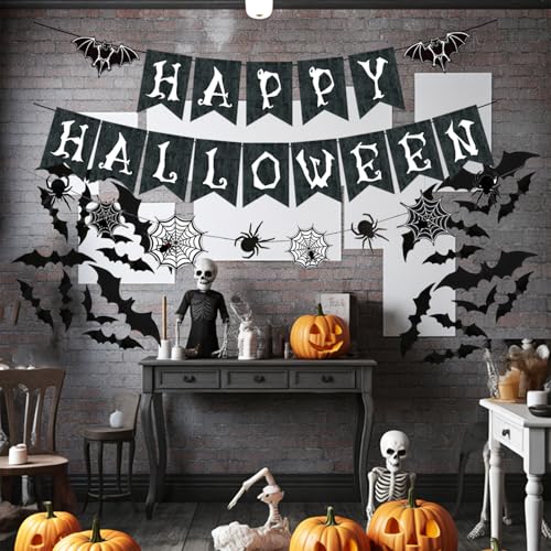 Halloween Banner with Spider Garland and Bat Wall Decals - Indoor Party Decorations
