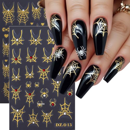 Halloween Nail Stickers 5D Embossed Spider Web Decals - Gold & Black Cobweb Design - Variation of THIS listing