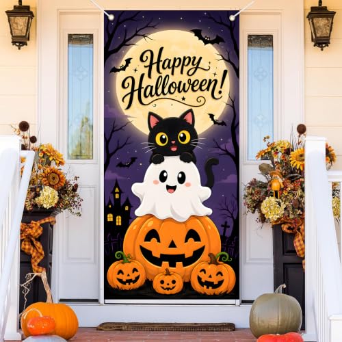 Halloween Door Banner - Black Cat Ghost Pumpkin Porch Decor, 72x35 Inch