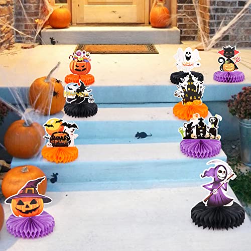 Halloween Table Centerpieces Set - 9 Honeycomb Decorations with Pumpkin Ghost Skull Cat Witch Variations