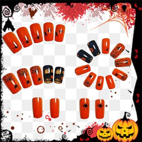 Halloween Press On Nails 24Pcs Medium Square Bat Spider Web Design - Halloween Nails 2