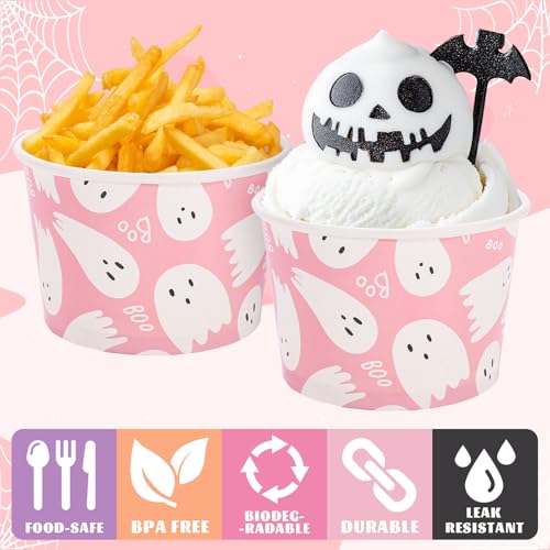 Ghost Halloween Snack Cups - Pink Cute Disposable 9oz Bowls, 50 Pack