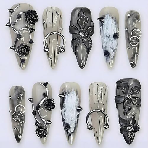 Gothic Handmade Press on Nails - Long Stiletto Black Fake Nails with 3D Rose Rivets - Variation Gothic Nails-7