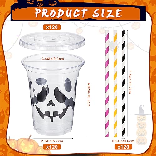 Halloween Ghost Disposable Cups Set - 12 oz Plastic Party Cups with Lids & Straws, 120 Pack