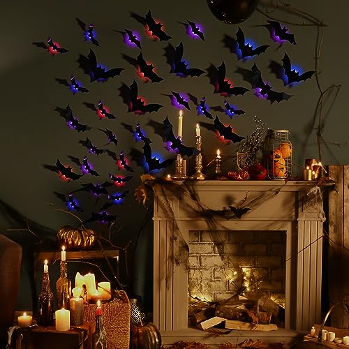 Makevivi 24-Pack LED Halloween Bat Decorations 3D Wall Lights for Door & Window - Bat / 60 Pcs