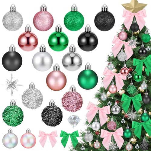 108 Pcs Christmas Ornaments Set - Pink Green Bows Stars Balls & Crystals