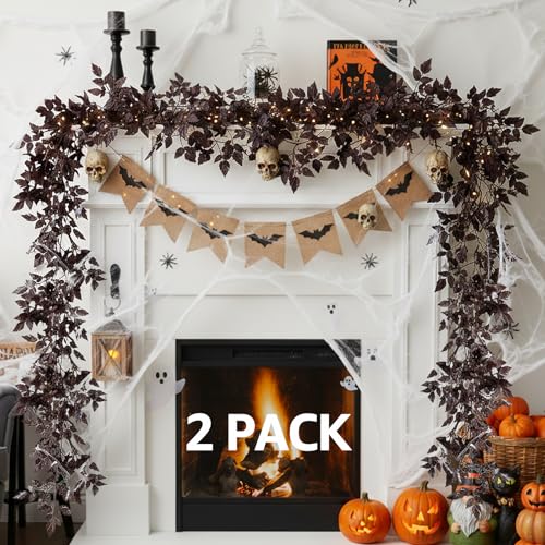 12Ft Plum Fall Garland Set - 2 Pack, Realistic Seeded Leaf Decor for Fireplace Mantle & Outdoor Halloween