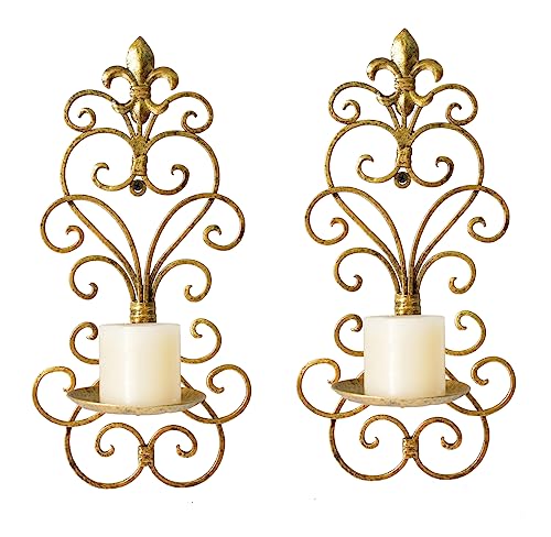 Antique Gold Wall Sconce Candle Holder Set of 2 - Metal Hanging Wall Decor for Living & Dining
