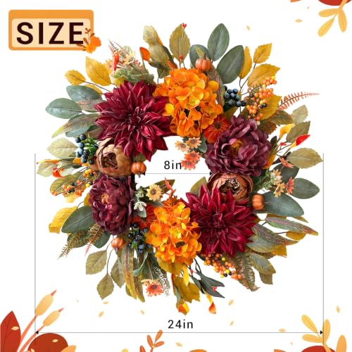 24-Inch Fall Wreath for Front Door - Autumn Decorations, Realistic Artificial Flowers