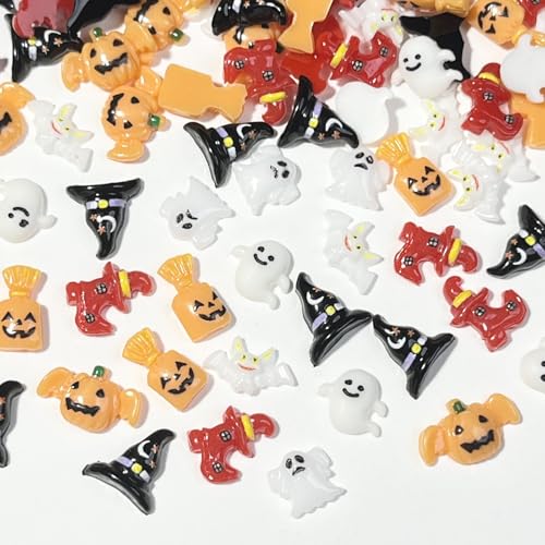 Green Halloween Nail Charms 50Pcs Cute Ghost Pumpkin & Hat Decorations for Nail Art