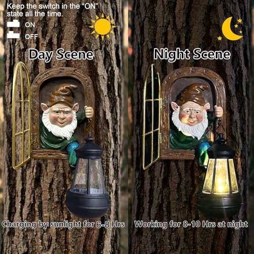 Solar Gnome Garden Decor - Tree Face Gnome Halloween Fairy Yard Art with Lantern
