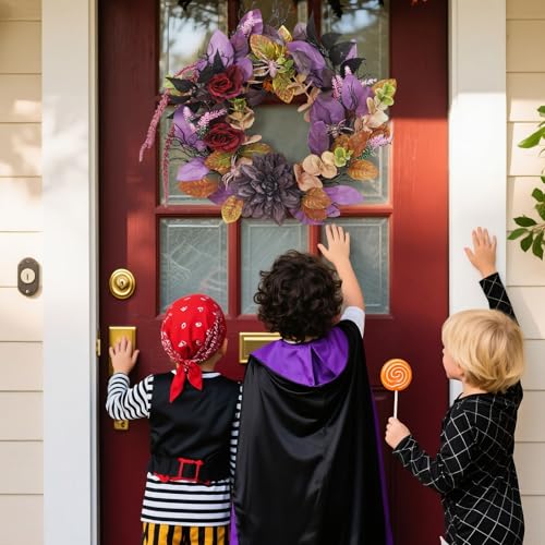Halloween Wreath 18 Inch with Artificial Roses & Spiders - Round Red & Purple Flowers