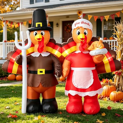 Thanksgiving Inflatable Turkey Couple Decorations with LED Lights - Festive Yard Decor - Variation of Turkey Couples