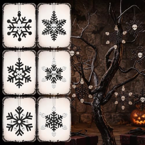 Halloween Skull Snowflake Wooden Ornaments Set - Gothic Hanging Decorations, 36 Pieces, Variation: Snowflake