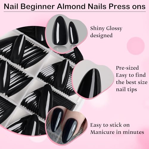 Black Medium Almond Press On Nails Kit - 240pcs Fake Nails with Glue Tabs & Tools