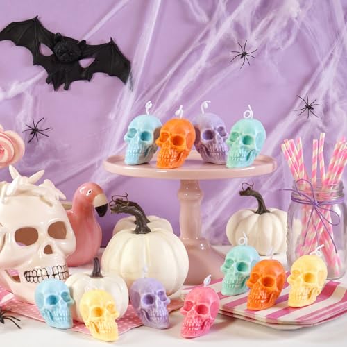 Pastel Skull Candles Set - Gothic Halloween Decor, Unscented Wax, 12 Pieces
