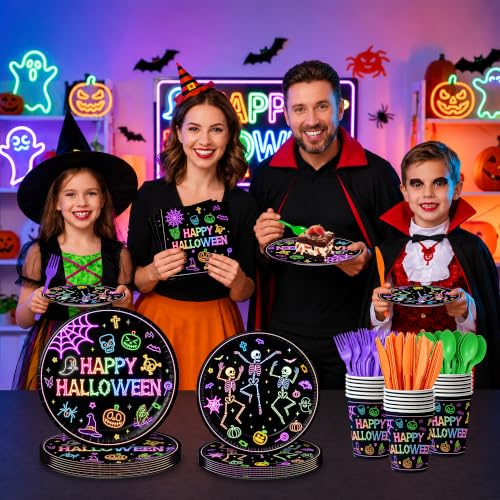 Neon Halloween Party Supplies Set - 168 Pieces for 24 Guests
