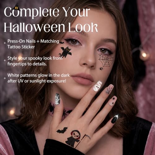 Halloween Glow in the Dark Spider Press-On Nails - Medium Coffin Style, 32 Pieces - Variation 1