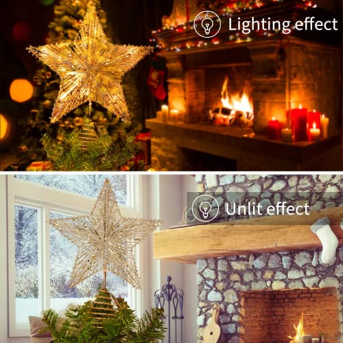 Christmas Star Tree Topper with Built-in 10 Bulb String Lights - 11” Gold Glittered Metal