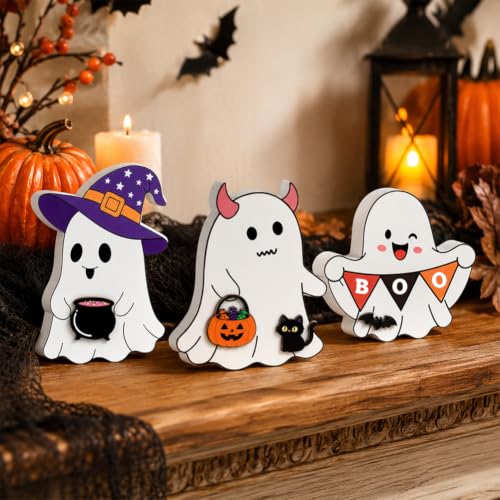 White Wooden Ghost Halloween Decorations Set - Whimsical Table Signs with Bats & Pumpkin