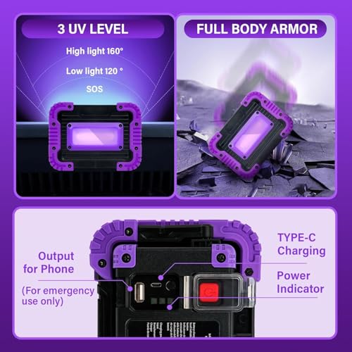 Rechargeable 20W 395nm LED Black Light for Neon Glow Party - Cordless, UV Floodlight with USB Charging