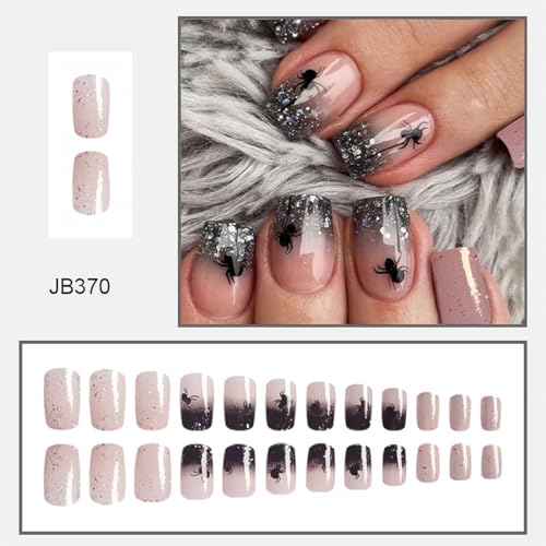 Halloween French Tip Press-On Nails Short Square Glitter Design - Variation 23