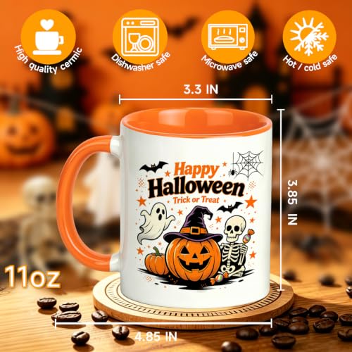 Halloween Trick or Treat Pumpkin Ghost Skull Mug - 11oz Orange Handle & Interior