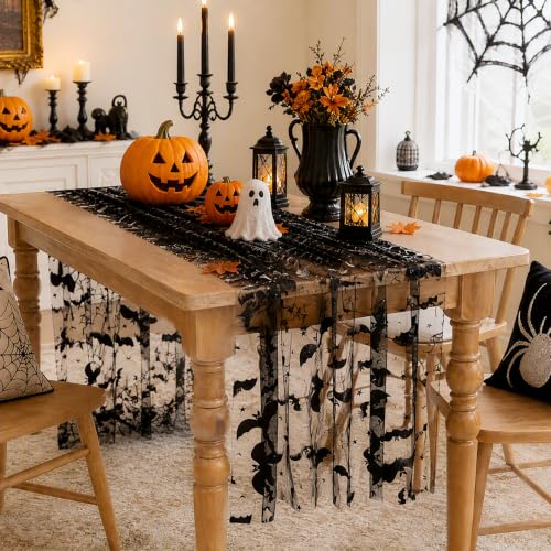 Black Bat Halloween Table Runner - 29x120 Inches Spooky Linen Decor