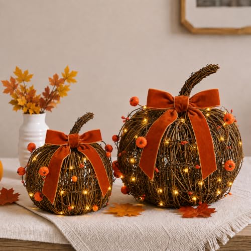 Lighted Fall Pumpkin Decor Set - Rattan Pumpkins with Velvet Bows, 2 Pack