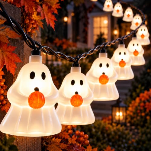 Halloween Ghost String Lights - 8.5Ft Plug-In LED Decor with 10 White Ghosts - Connectable Outdoor Lighting - Spooky Home & Garden Decoration