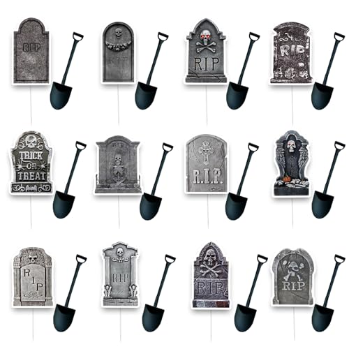 Halloween Tombstone Cupcake Toppers with Mini Shovel Spoons - 48 PCS Graveyard Decor Variation of Tombstones