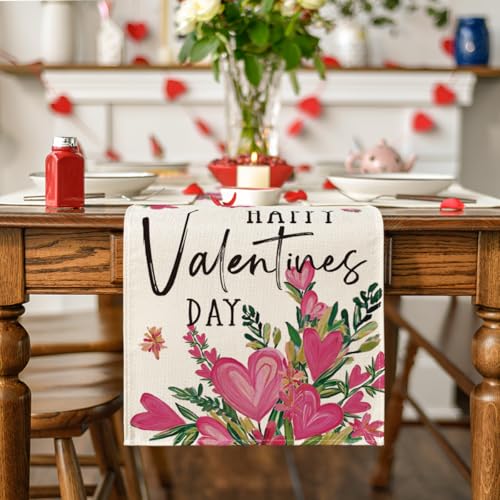Pink Heart Shaped Flowers Table Runner 13x48 Inch for Wedding & Party Decor
