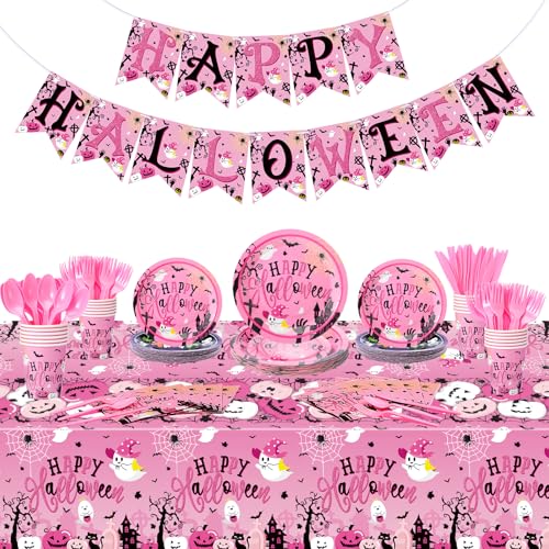 Pink Halloween Party Supplies Dinnerware Set for 24 Guests - Plates Cups Napkins