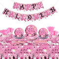 Pink Halloween Party Supplies Dinnerware Set for 24 Guests - Plates Cups Napkins