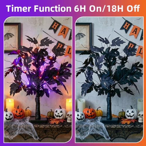 PEIDUO Halloween Black Tree Lights with Removable Leaves and 24 LEDs - Indoor Spooky Decor