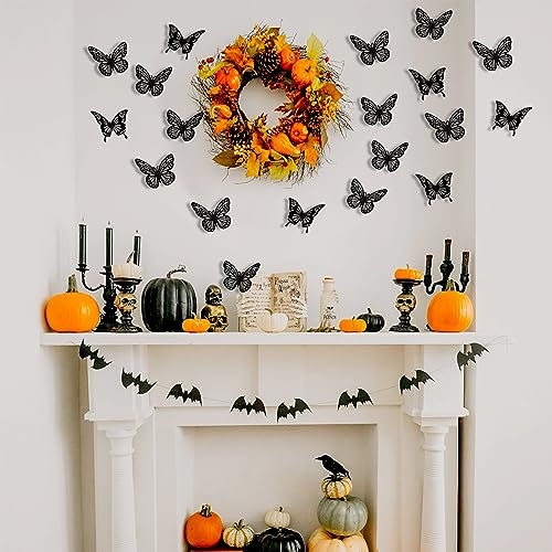 Halloween Black Butterfly Wall Decor - 48Pcs 2 Styles 3 Sizes Butterfly Stickers - 3D Paper Decals for Party & Home