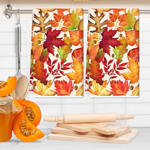 Fall Maple Leaf Kitchen Dish Towels 18x28 Inch Watercolor Decorative Hand Towels - 2 Pack