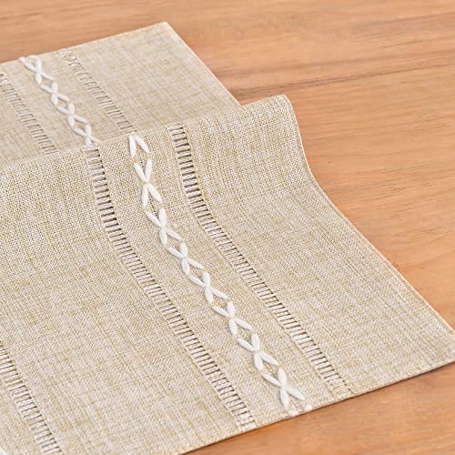 Hemstitched Cotton Linen Place Mats Set of 8 - Coffee Embroidered, Boho Table Decor