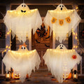 Lighted Hanging Ghost Decorations with Timer - Ghosts with Ornaments Halloween Set